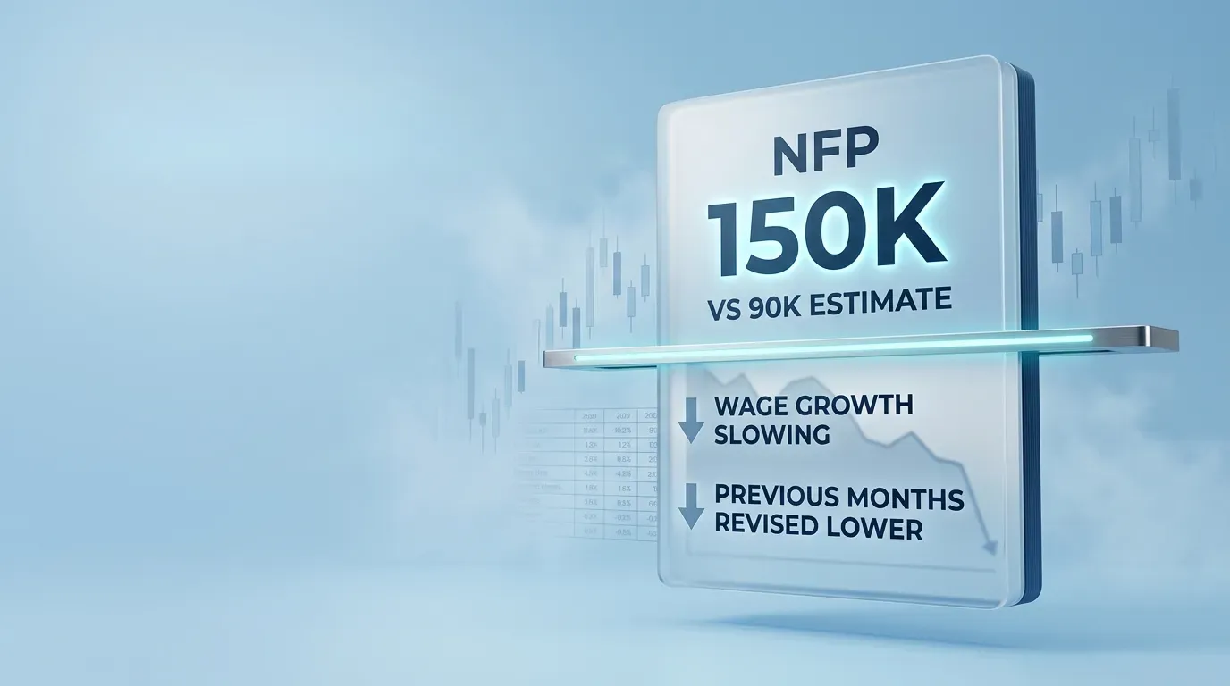  NFP headline of 150K against a 90K estimate, with wage growth slowing and previous months revised lower beneath it