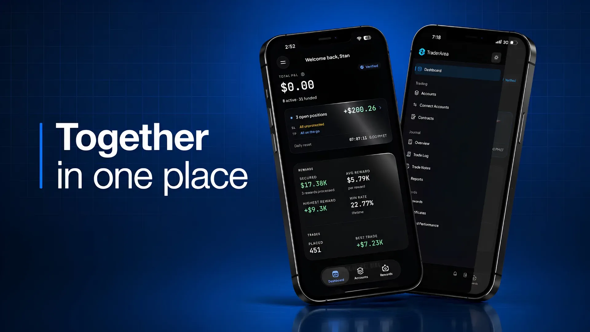 FTM Trader Area app on two phones showing dashboard and account overview together in one place