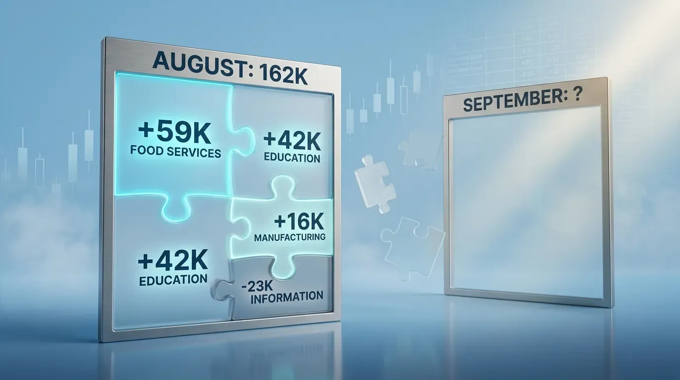 August NFP of 162K split into puzzle pieces for food services, education, manufacturing and information, next to an empty September frame