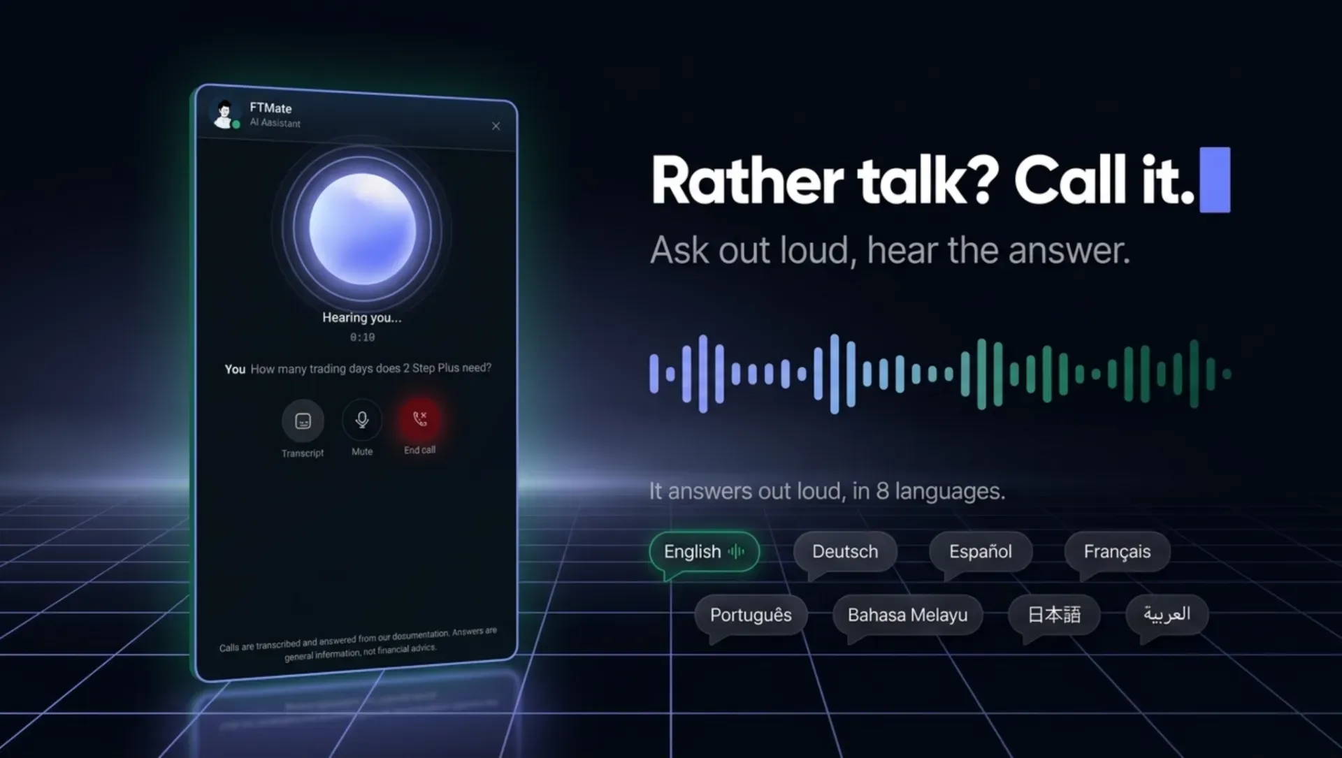 FTMate voice call answering a question about trading days, with the eight supported languages from English to Arabic