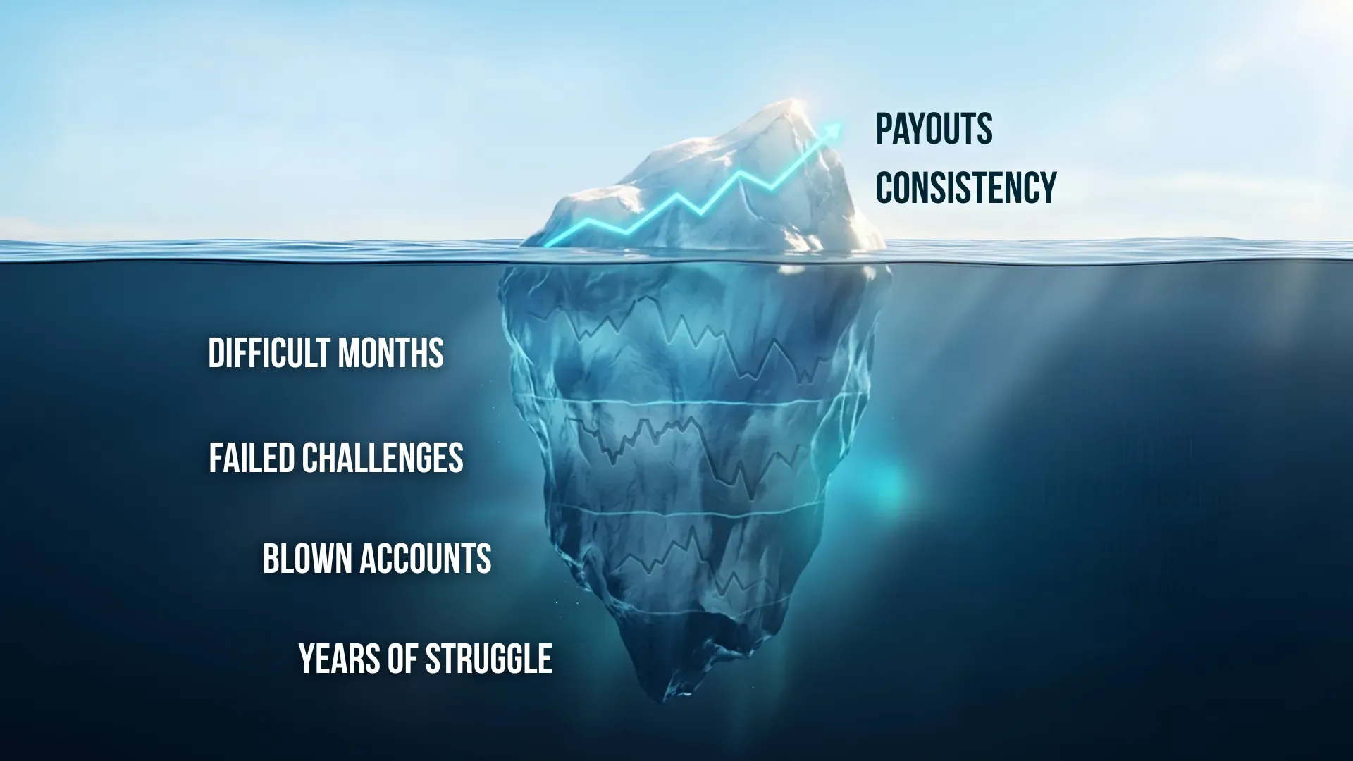 Iceberg with payouts and consistency above water and failed challenges, blown accounts and difficult months below