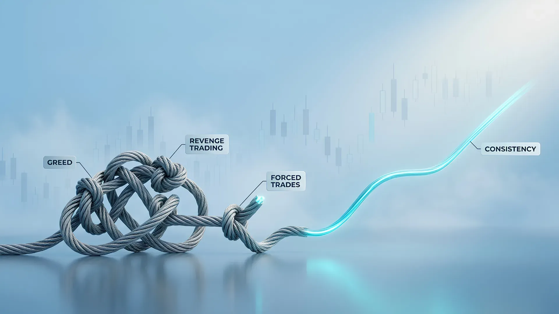 Knotted rope of greed, revenge trading and forced trades straightening into a line labelled consistency